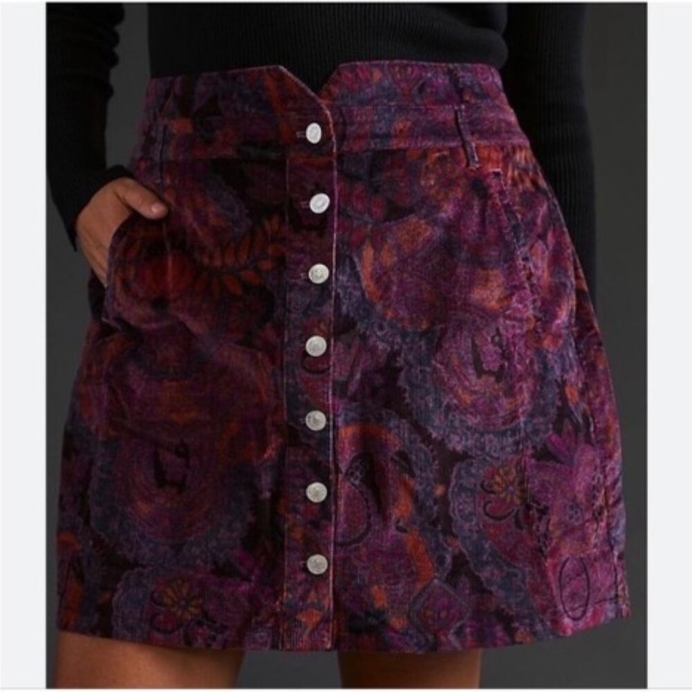 Floral Corduroy Button Front Mini Skirt